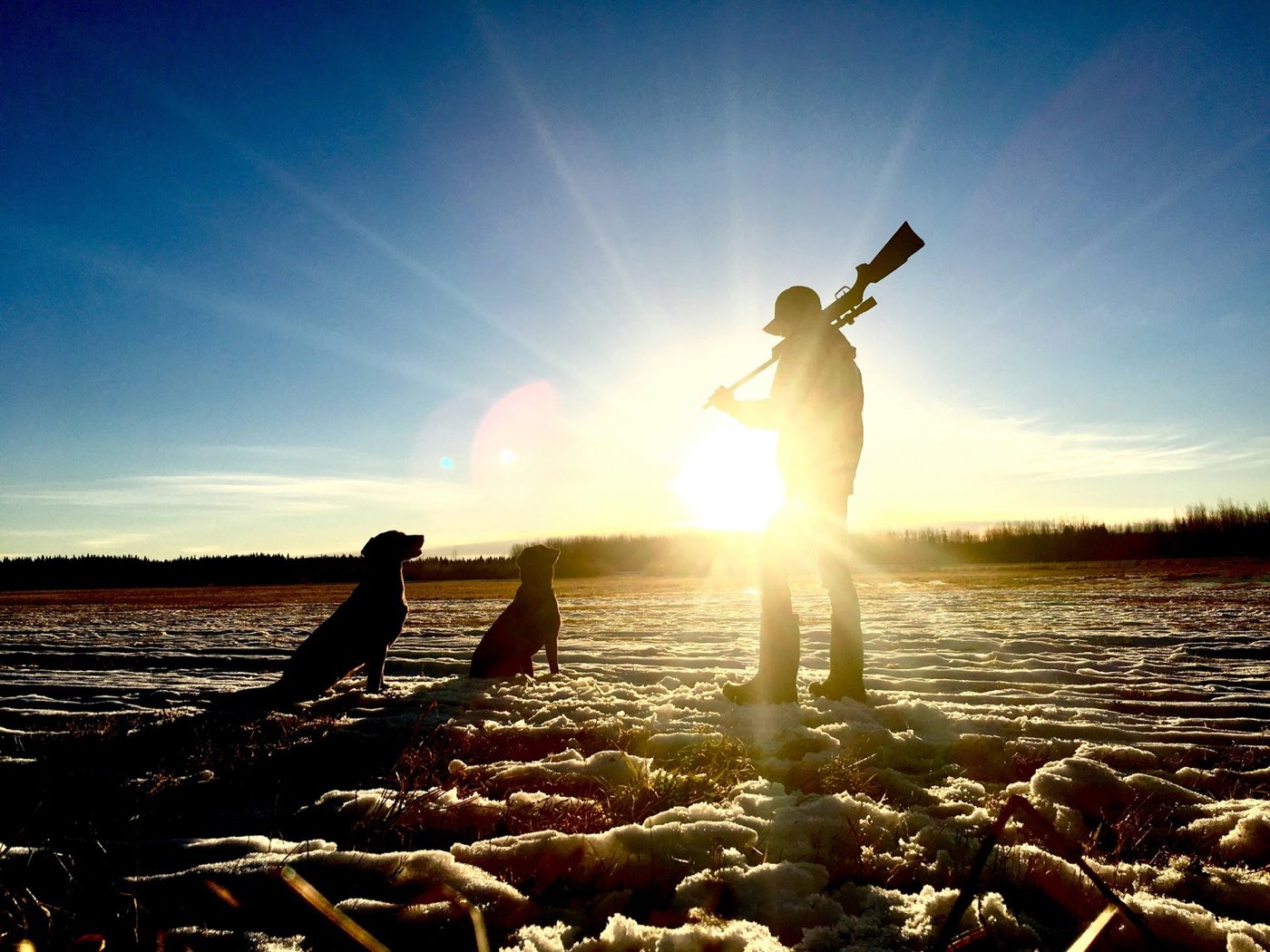 A hunter silhouetted against the sunrise carrying a rifle over one shoulder